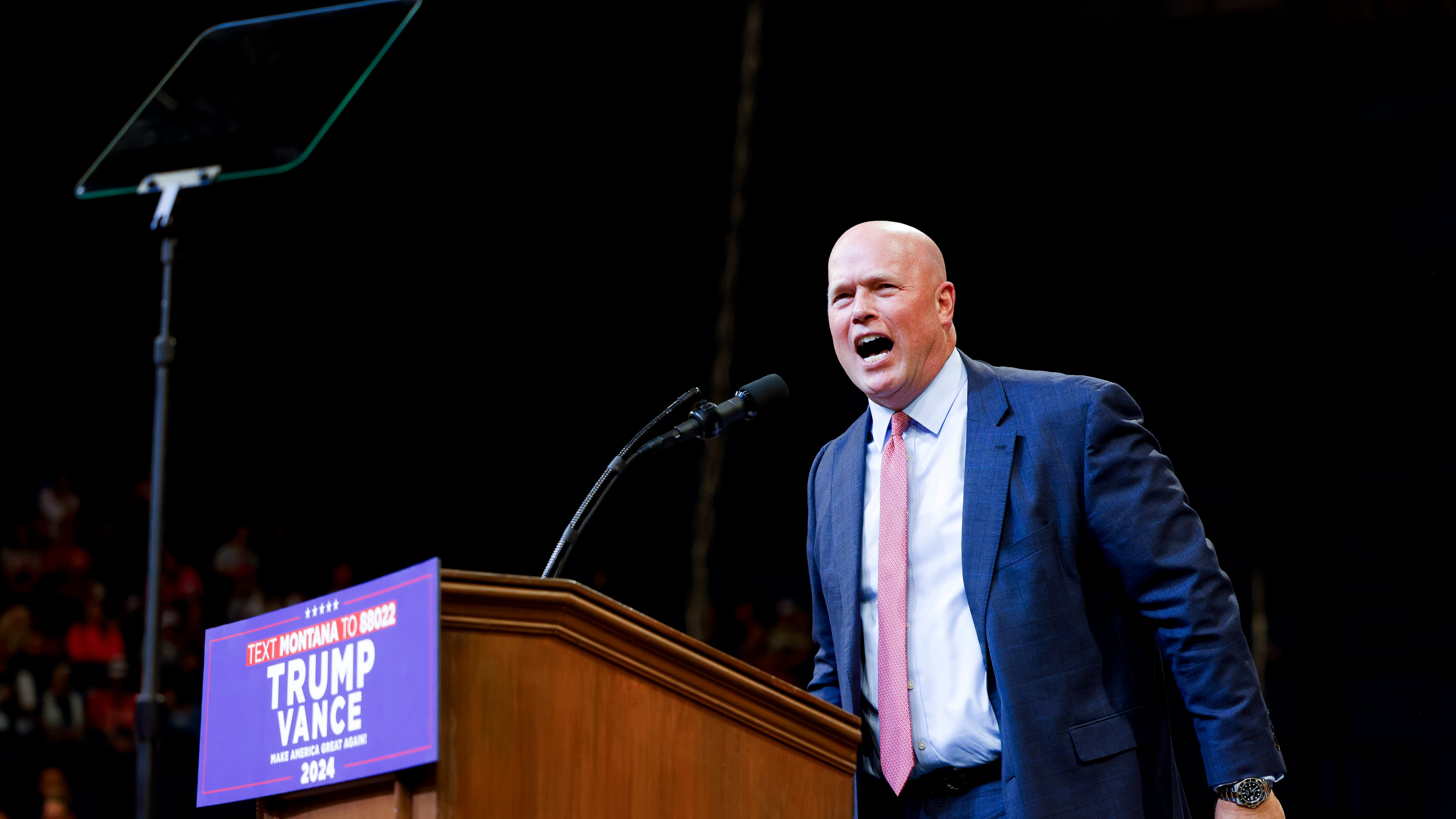 Former U.S. Attorney General Matthew Whitaker speaks during a rally for Republican presidential nominee, former U.S. President Donald Trump at the Brick Breeden Fieldhouse at Montana State University on August 9, 2024 in Bozeman, Montana.