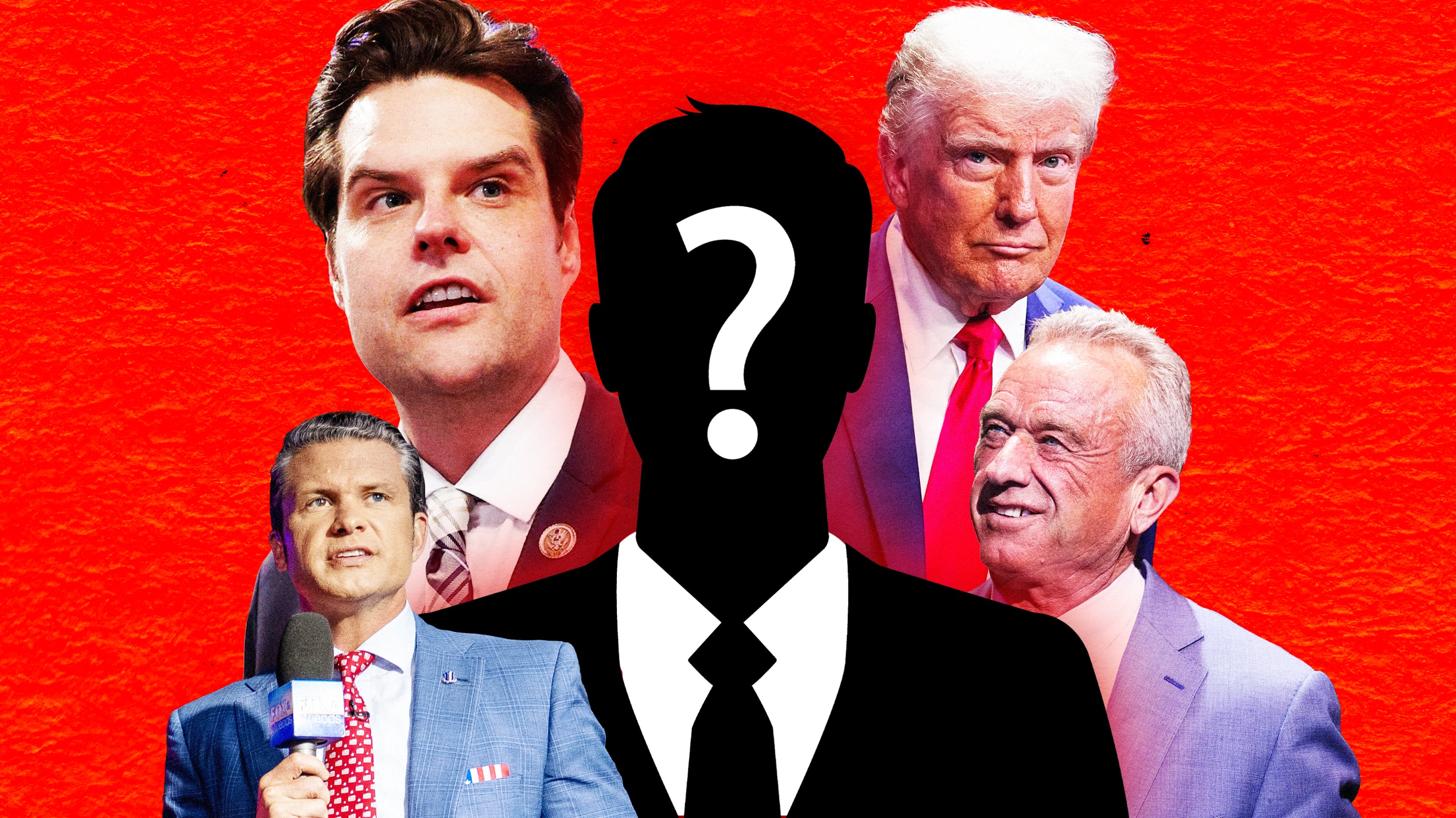 A photo illustration of Matt Gaetz, Pete Hegseth, Donald Trump, and RFK Jr.