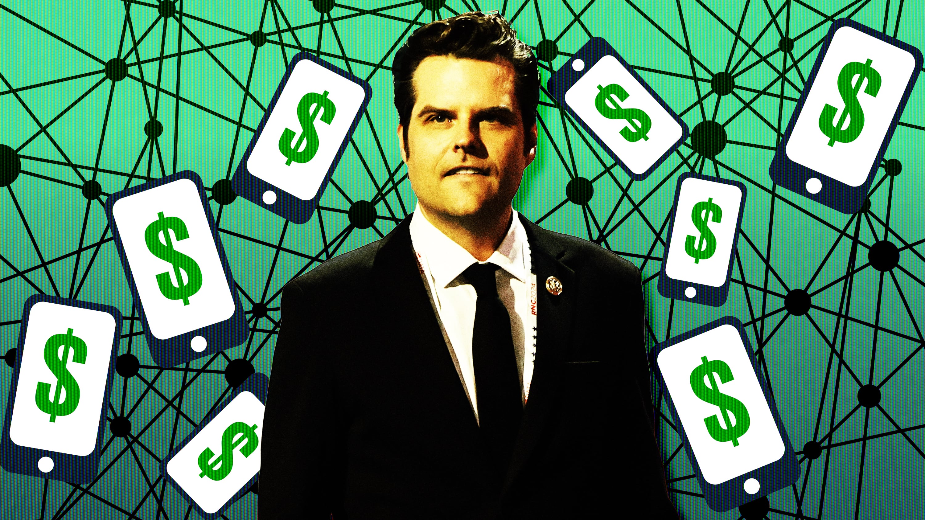 A photo illustration of Matt Gaetz and money and web.