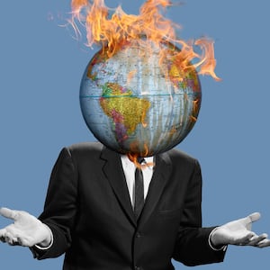 image of black and white man in a suit and tie with hands out in i don't know gesture and globe on fire instead of head epa environmental protection agency what report haven't heard of it ipcc united nations un