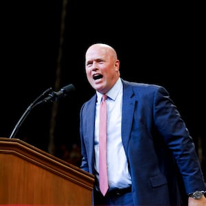 Former U.S. Attorney General Matthew Whitaker speaks during a rally for Republican presidential nominee, former U.S. President Donald Trump at the Brick Breeden Fieldhouse at Montana State University on August 9, 2024 in Bozeman, Montana.