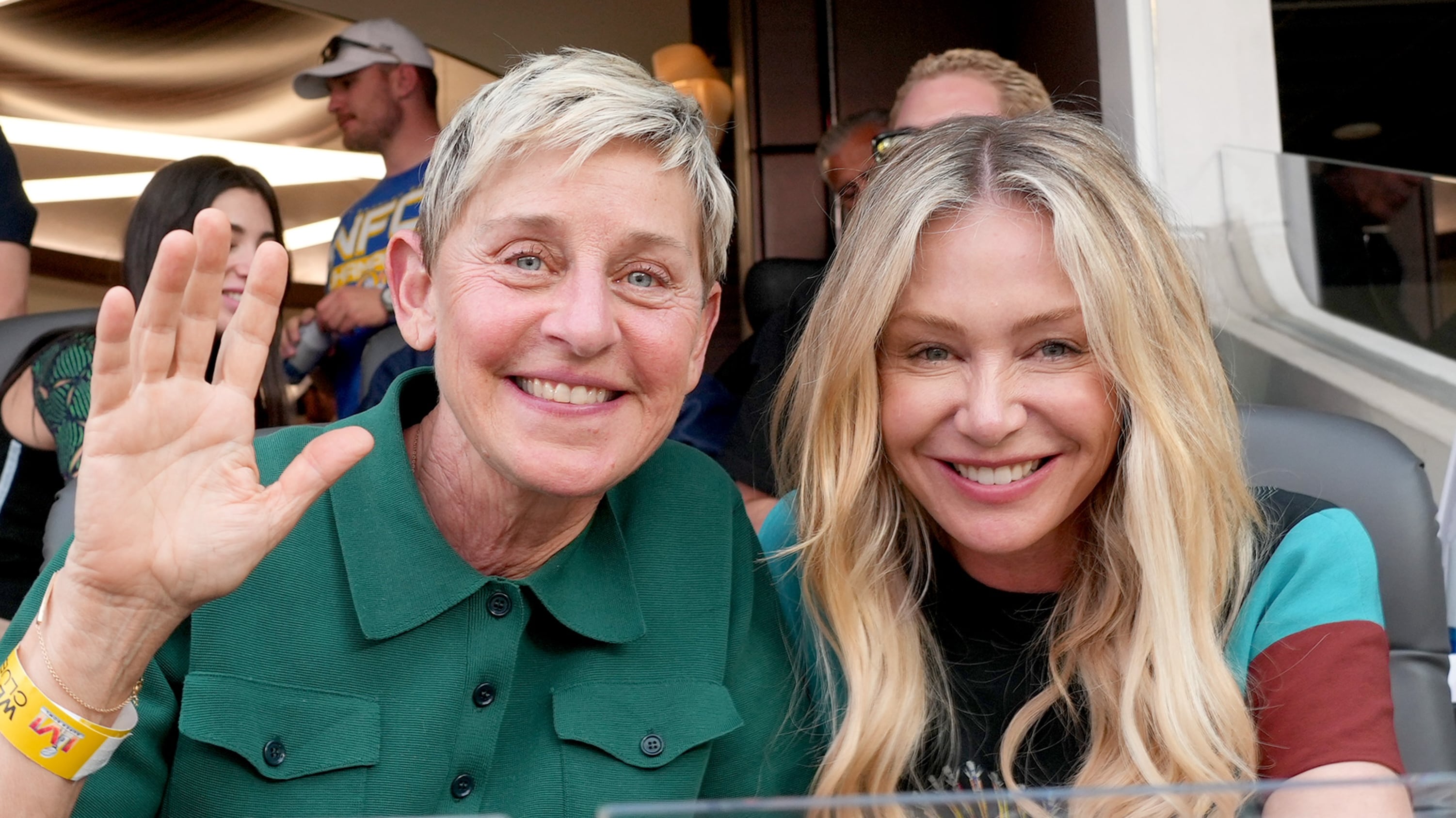 INGLEWOOD, CALIFORNIA - FEBRUARY 13: (L-R) Ellen DeGeneres and Portia de Rossi attend Super Bowl LVI at SoFi Stadium on February 13, 2022 in Inglewood, California. (Photo by Kevin Mazur/Getty Images for Roc Nation)