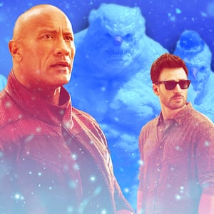 A photo illustration Dwayne Johnson and Chris Evans in Red One.