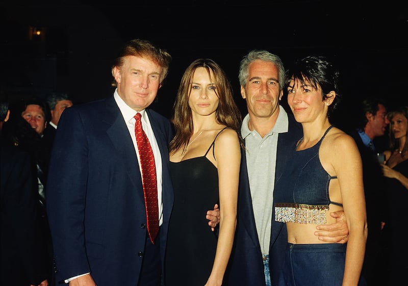 Donald Trump, Melania (Knauss) Trump, financier Jeffrey Epstein, and Ghislaine Maxwell pose together at the Mar-a-Lago club.