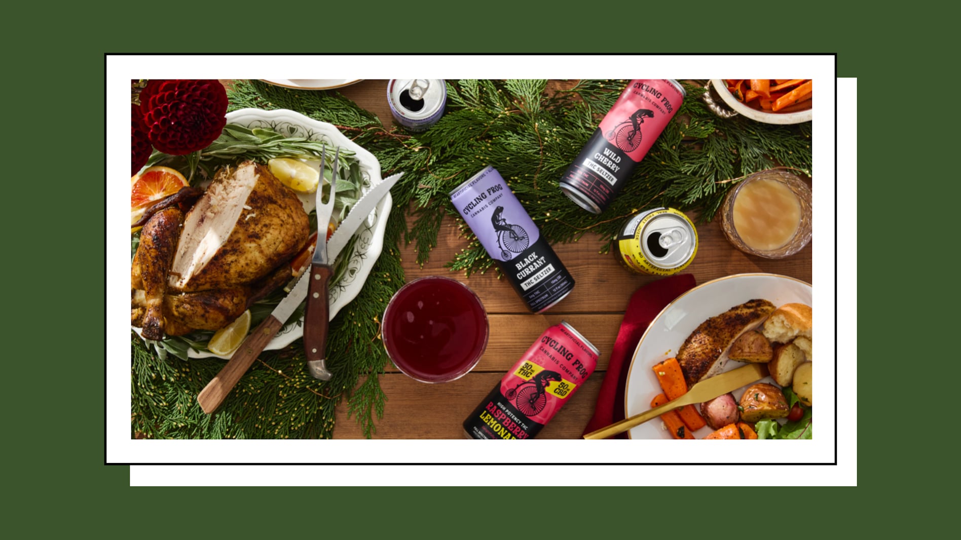 Cycling Frog THC seltzer arranged on a table surrounded turkey, garland, and potatoes.