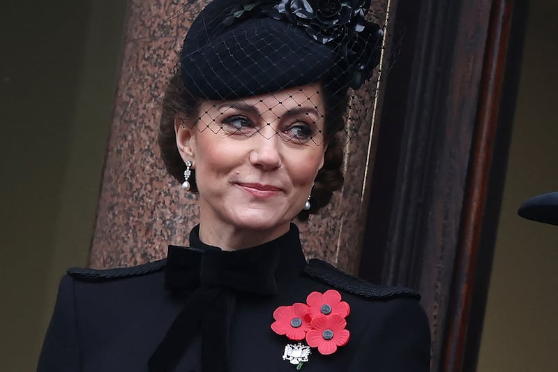 Britain's Catherine, Princess of Wales, attends the Remembrance Sunday ceremony at the Cenotaph on Whitehall in central London on November 10, 2024. Remembrance Sunday is an annual commemoration held on the closest Sunday to Armistice Day, November 11, the anniversary of the end of the First World War and services across Commonwealth countries remember servicemen and women who have fallen in the line of duty